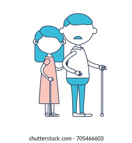 faceless full body elderly couple in walking stick grandmother straight hairstyle in dress and grandfather with moustache in color section silhouette vector illustration