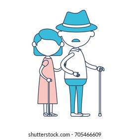 faceless full body elderly couple in walking stick grandmother short hairstyle in dress and grandfather with hat and moustache in color section silhouette vector illustration