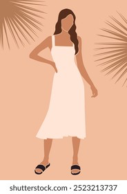 Retrato de cuerpo completo sin rostro de una mujer con vestido blanco romántico, retrato de chica de moda de verano boho, Ilustración vectorial de mujer, póster bohemio, arte de recorte abstracto de moda