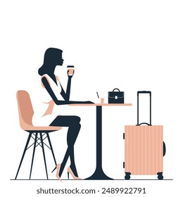 faceless girl in airport drink coffee. flat vector  isolated on white background