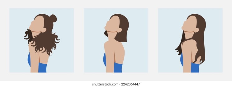 faceless girl in blue top with different hairstyles. straight, curly, and wavy hair. casual vector illustration design for banner, poster, social media, website, and elements.