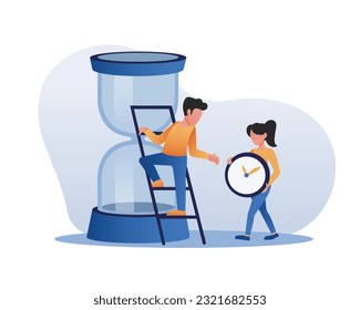 Faceless girl carries watch to guy on stepladder near hourglass. Time management and deadline concept with cartoon character. Vector flat style illustration
