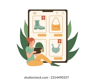 Faceless girl chooses new clothes on website on tablet. Online shoppers buying new goods using shopping apps. Electronic commerce benefits. Vector illustration
