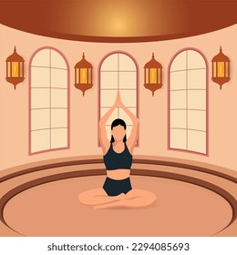 A faceless girl is doing yoga in a round hall. The concept of sports, mental health. Vector image