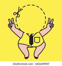 Faceless Girl In Dotted Cut Line With Scissor Showing Vote Symbol Hand Sign Icon. Woman Voting For Her Head Representative. Political Concept Card Character illustration
