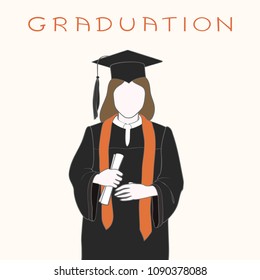 Faceless girl in graduation gown in cap and with a diploma in hands. Handwritten inscription graduation.