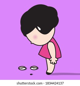 Faceless Girl Looking Down At Her Exhausted Eyes And Mouth On The Floor Concept Card Character illustration