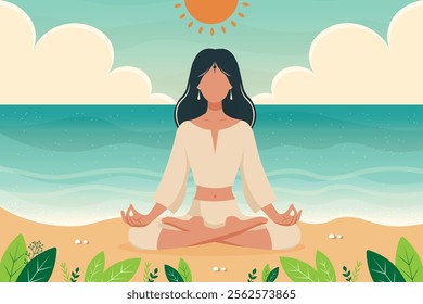 Faceless  girl in the lotus position  on beautiful beach . Flat illustration. Concept of healthy lifestyle, mental health, meditation, relaxation,yoga