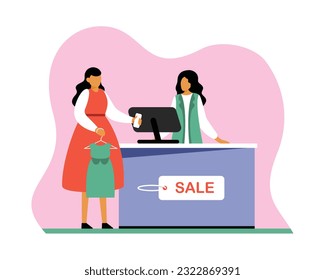 Faceless girl pays contactless with cell phone for dress purchases in store at cash register. Fast and secure digital bank transactions. Modern banking services. Vector