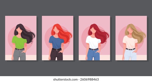 faceless girl set flat vector illustration.
