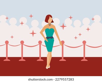 faceless girl as superstar posing on red carpet in front of reporter. luxurious award show vector illustration for website and social media.