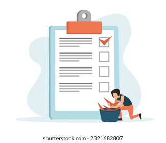 Faceless girl takes from basin ticks to complete tasks. Work planning and time management concept with people. People check off completed items on to do list. Vector