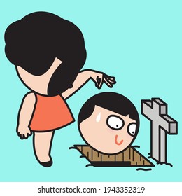 Faceless Girl Throwing Her Face Into Grave. I Am Nobody But Myself Concept Card Character illustration