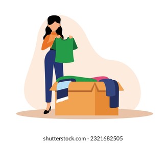 Faceless girl volunteer collects things in box. Humanitarian aid organization. Preparing boxes with donations. Social active youth. Vector flat style illustration