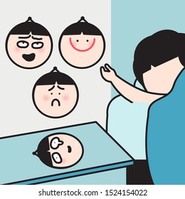 Faceless Girl Waking Up On Bed In The Morning And Picking Smiling Mask Hanging On The Wall Concept Card Character illustration