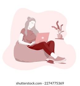 A faceless girl works at a computer in a bag chair. Woman at work. Work from home. Monochrome illustration in red tones.