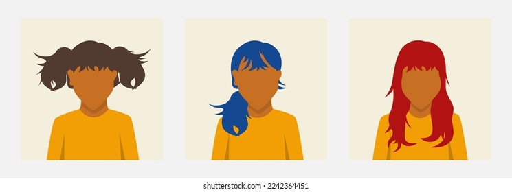 faceless girl in yellow shirt with different hairstyles. brown, red, blue haired lady. vector illustration design for banner, poster, social media, website, and elements.