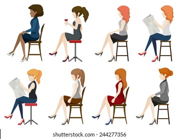 Faceless girls sitting down on a white background