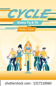 Faceless group of people on exercycles in spinning class. Colorful vector illustration for web and printing.