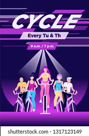 Faceless group of people on exercycles in spinning class. Colorful vector vertical illustration for web and printing.