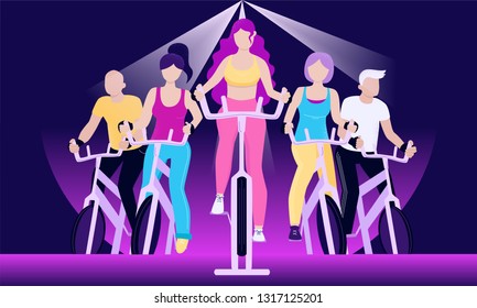 Faceless group of people on exercycles in spinning class. Colorful vector horizontal illustration for web and printing.