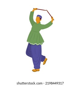 Faceless Gujarati Man Dancing With Dandiya Sticks On White Background.