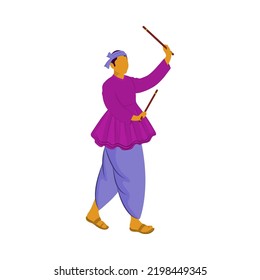 Faceless Gujarati Man Dancing With Dandiya Sticks On White Background.