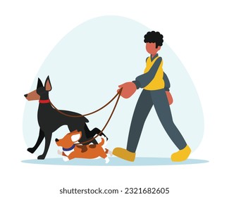 Faceless guy volunteer walking with dogs. People from volunteering organizations. Time for walking dogs. Social active youth. Charity and donations for domestic animals. Vector