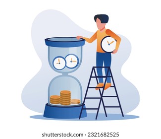 Caricaturista sin rostro y apuesto cerca de lentes de arena en metáfora de negocios de escalera. El tiempo es dinero. Ilustración de estilo plano vectorial sobre fondo blanco