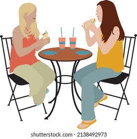 Faceless Happy Women Having Lunch isolated vector on white background.