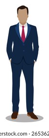 Faceless Hispanic male in his prime age, stands confidently with hands in pockets. Dressed in a sharp, professional suit. Embodies success and self-assurance. Banker, tech investor, or entrepreneur.
