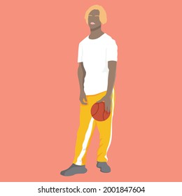 Faceless human figure standing over plain background. Young male with long pant and sweatshirt with basketball. Minimalist character. Fashion, trendy and lifestyle flat people.