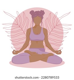 Faceless illustration. A black girl with purple hair in a purple tracksuit is meditating. Lotus position. On a pink background with tropical leaves. Flat style vector. Design for poster, postcard, yog