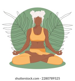 Faceless illustration. A black girl with white hair in a yellow tracksuit is doing yoga. Lotus position. On a green background with tropical leaves. Flat style. Design for poster, postcard, yoga studi