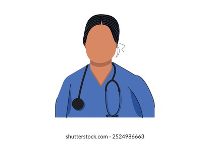 Ilustração sem rosto de um profissional de saúde usando esfregões azuis e um estetoscópio ao redor do pescoço, representando os profissionais de saúde ou o campo médico.