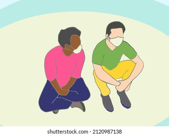 Faceless illustration of two buddies talk to each other wearing mask