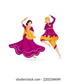 Faceless Indian Couple Playing Dandiya In Traditional Attire On White Background.