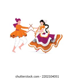 Faceless Indian Couple Playing Dandiya In Traditional Attire On White Background.