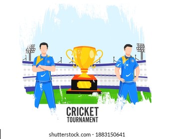 Faceless Indian Players Character With Trophy Cup On Brush Stroke Effect Stadium Ground For Cricket Tournament.