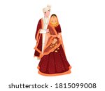 Faceless Indian Wedding Couple Together Standing on White Background.