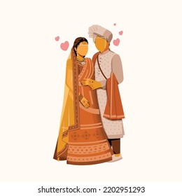 Faceless Indian Wedding Couple Together Standing. vector illustration