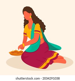 Faceless Indian Young Lady Sitting With Plate Of Lit Oil Lamps On Beige Background.