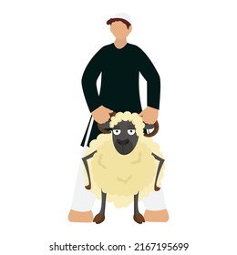 Faceless Islamic Young Man Holding Horns Of Sheep On White Background.
