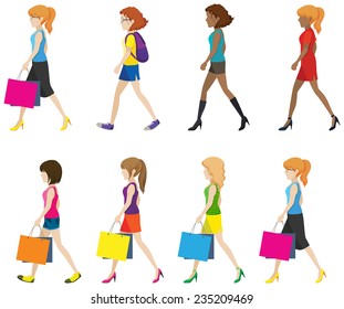 Faceless ladies walking in one direction on a white background 