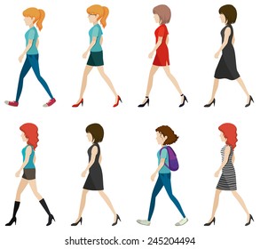 Faceless ladies walking in one direction on a white background