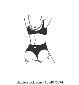 Faceless lady in a swimsuit, back view. Slim waist, long hair. Contoured graceful figure. Linear style. Modern vector hand drawn illustration. Isolated on a white background.