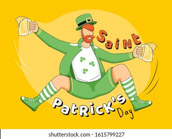 Faceless Leprechaun Man Celebrating with Drinks Sitting on Yellow Background for Saint Patrick's Day.
