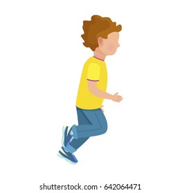 Faceless little boy in yellow T-shirt, jeans and sneakers runs away fast isolated vector illustration on white background.