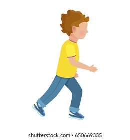 Faceless little boy in yellow T-shirt, jeans and sneakers runs away fast isolated vector illustration on white background.