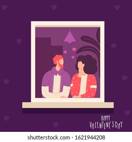 Faceless Lovers Couple See Each Other Near Window on Purple Background for Happy Valentine's Day.